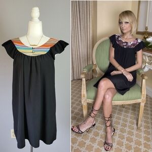 KAREN ZAMBOS // sunset print & black flutter cap sleeve mini baby doll dress